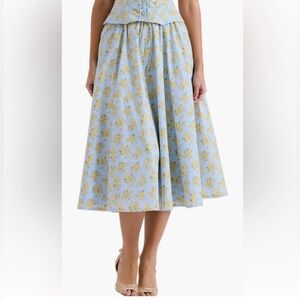House of CB Light Blue and Yellow Floral A-Line Midi Skirt